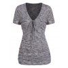 Lace Up Plunging Neck Knit Tee Ruched Pocket Patches Short Sleeve Long Knitted T-shirt - GRAY M