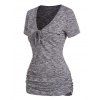 Lace Up Plunging Neck Knit Tee Ruched Pocket Patches Short Sleeve Long Knitted T-shirt - GRAY M