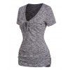 Lace Up Plunging Neck Knit Tee Ruched Pocket Patches Short Sleeve Long Knitted T-shirt - GRAY XXL