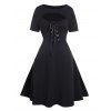 Plus Size Dress Cut Out Lace Up High Waisted Short Sleeve Scoop Neck A Line Mini Dress - BLACK 5X