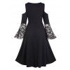 Plus Size Dress Lace Panel Flare Sleeve Lace Up High Waisted Cold Shoulder High Low Midi Dress - BLACK 3X