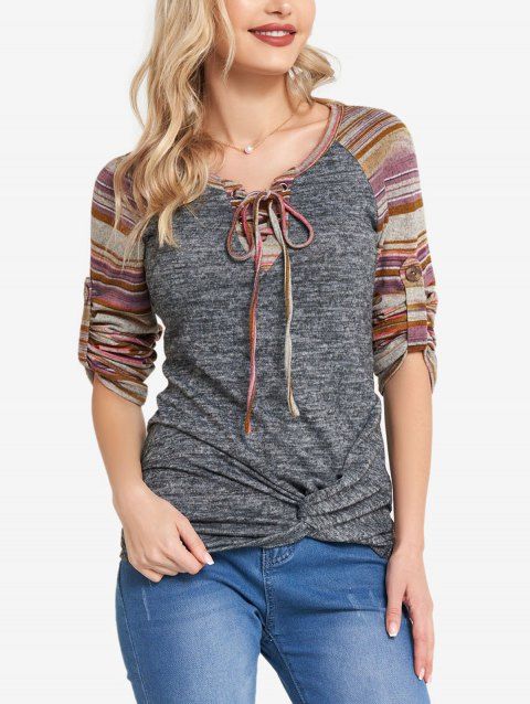 Lace Up Raglan Sleeve Knit T Shirt Tribal Striped Pattern Front Twist Knitted Tee