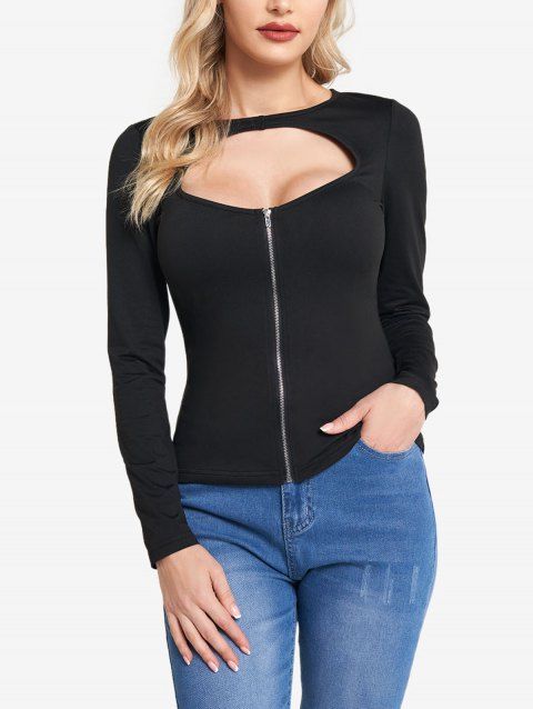 Cut Out Long Sleeve Top Zip Up Solid Color Top