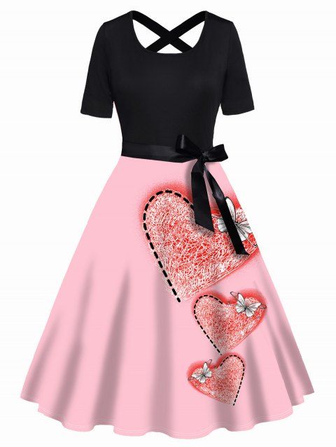 Valentine Dress Heart Butterfly Print Dress Belted Crisscross Short Sleeve High Waisted A Line Midi Dress