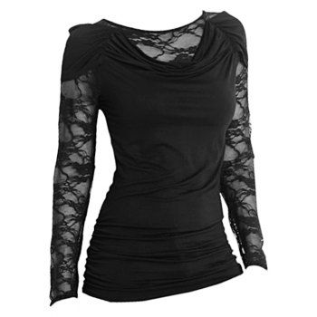 

See Thru Floral Lace Panel T Shirt Cowl Neck Ruched Casual Tee, Black