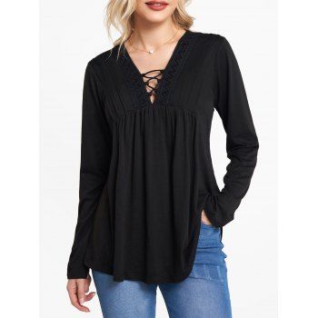 

Lace Up V Neck Long Sleeve T-shirt Geometric Crochet Lace Empire Waist Pintuck Tee, Black