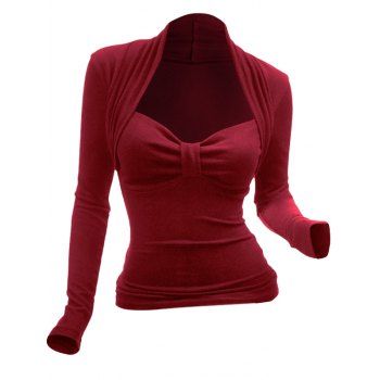 

Plain Color Top Ruched Bust Sweetheart Neck Long Sleeve Casual Top, Deep red