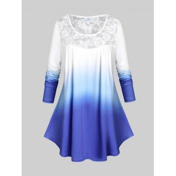 

Plus Size Ombre Lace Yoke Long Sleeve Tee, Blue