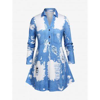 

Plus Size 3D Ripped Denim Print Half Button Blouse, Light blue
