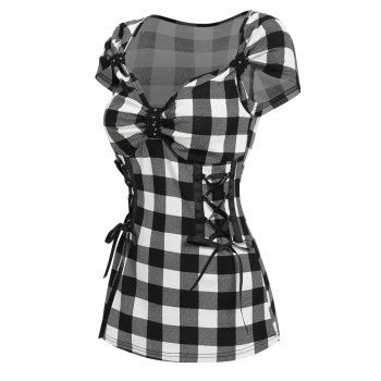 

Corset Lace Up T Shirt Sweetheart Neck Plaid Checkerboard Tee, Black