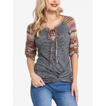 

Lace Up Raglan Sleeve Knit T Shirt Tribal Striped Pattern Front Twist Knitted Tee, Gray