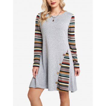 

Tribal Pattern Stripe Panel Knit Mini Dress Long Sleeve Mock Button A Line Knitted Dress, Light gray