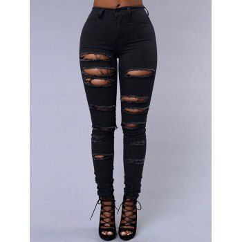 

Distressed Ripped Jeans Long Zip Fly Destroy Wash Denim Pants, Black