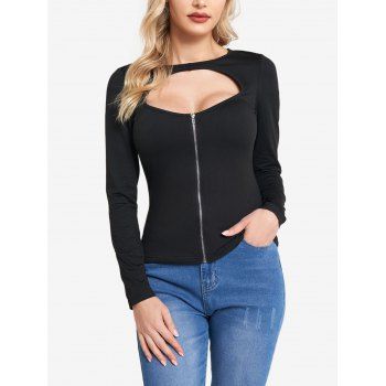 

Cut Out Long Sleeve Top Zip Up Solid Color Top, Black