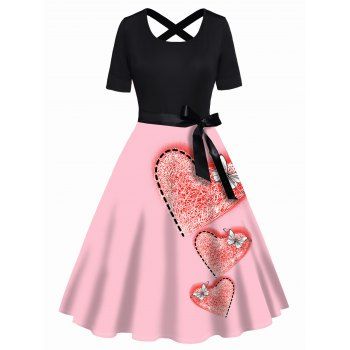 

Valentine Dress Heart Butterfly Print Dress Belted Crisscross Short Sleeve High Waisted A Line Midi Dress, Light pink