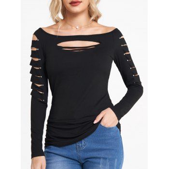 

Plain Color Cut Out Top Rivet Off The Shoulder Long Sleeve Casual Top, Black