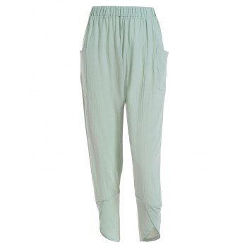 

Solid Color Tulip Hem Casual Pants Elastic Waist Pocket Patches Pants, Light green
