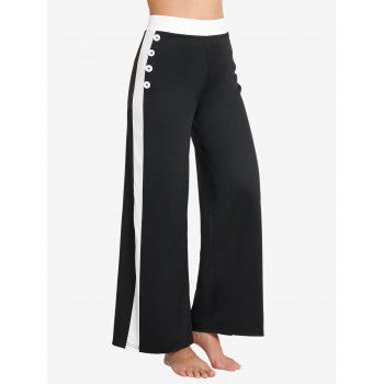 

Contrast Striped Pants Mock Button Elastic High Waisted Long Pants, Black