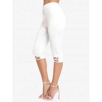 

Plain Color Elastic Waist Capri Leggings Criss-cross High Waist Cropped Leggings, White