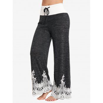 

Colorblock Wide Leg Pants Flower Guipure Applique Space Dye Print Loose Pants Drawstring Waist Relaxed Pants, Dark gray
