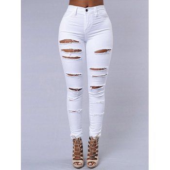 

Distressed Ripped Jeans Long Zip Fly Destroy Wash Denim Pants, White