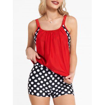 

Modest Tankini Swimsuit Polka Dot Colorblock Padded Boyshorts Strap Tankini Swimwear, Red