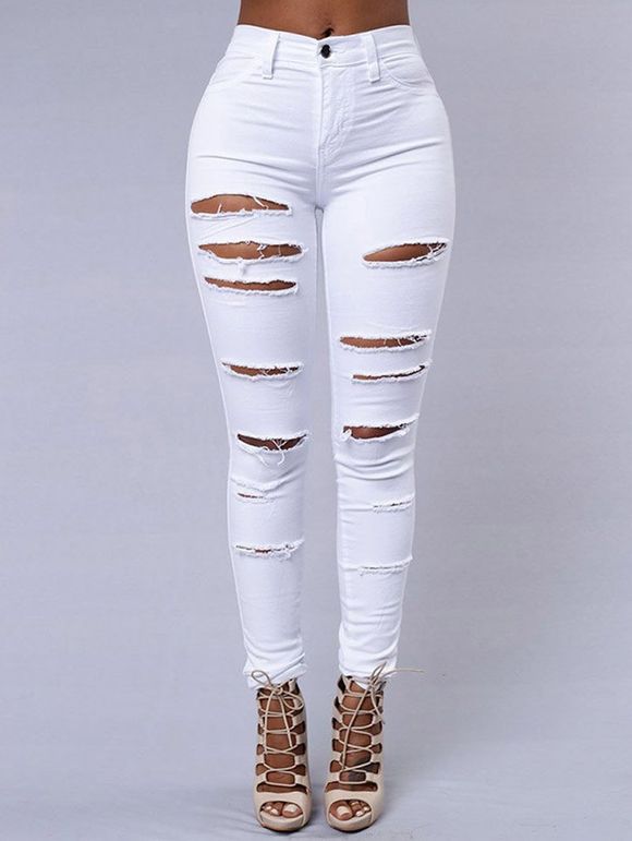 Pantalon Long Déchiré Zippé Déchiré en Denim - Blanc L