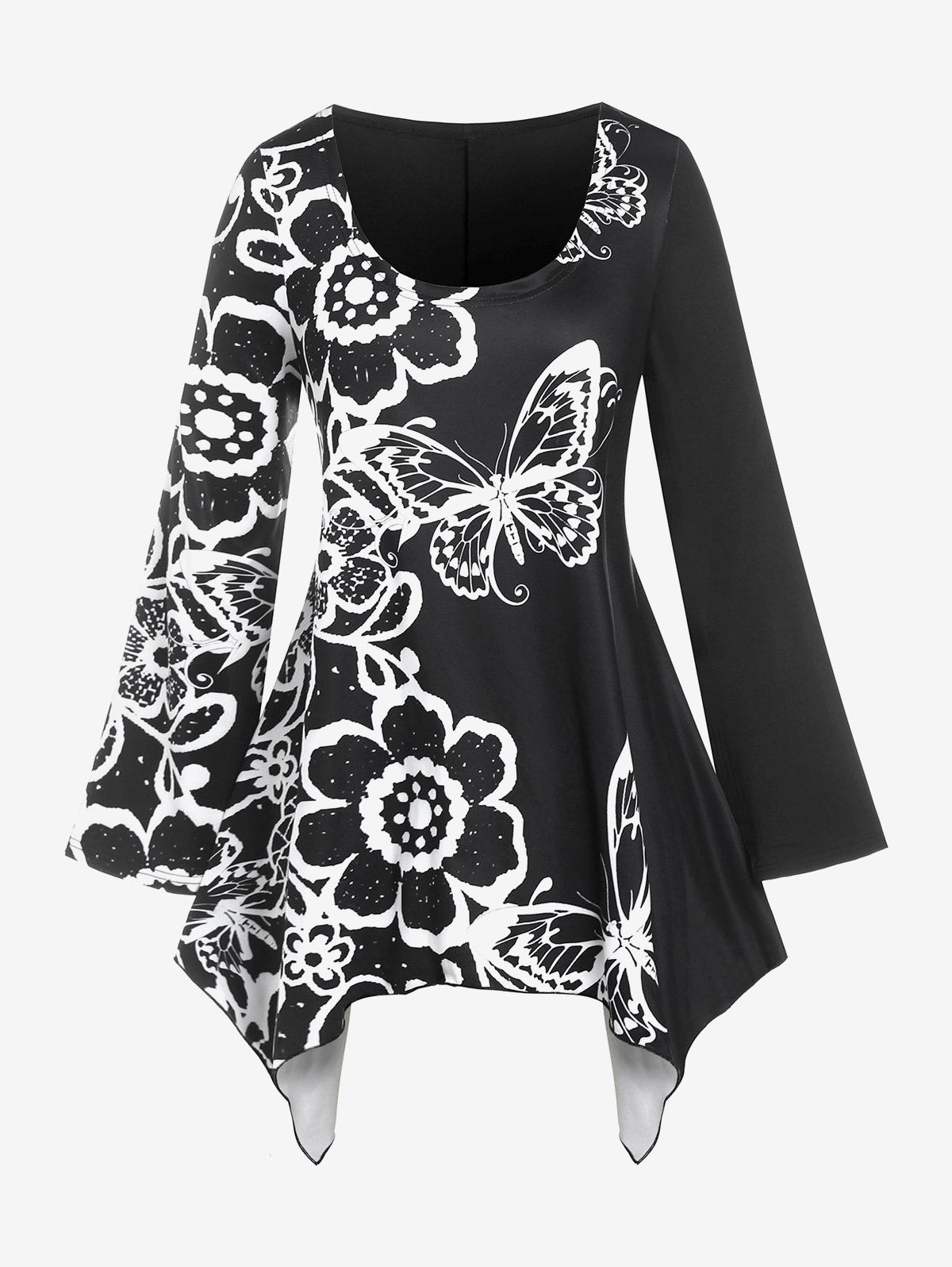 T-shirt Mouchoir à Imprimé Papillon et Fleur de Grande Taille - Noir 1X