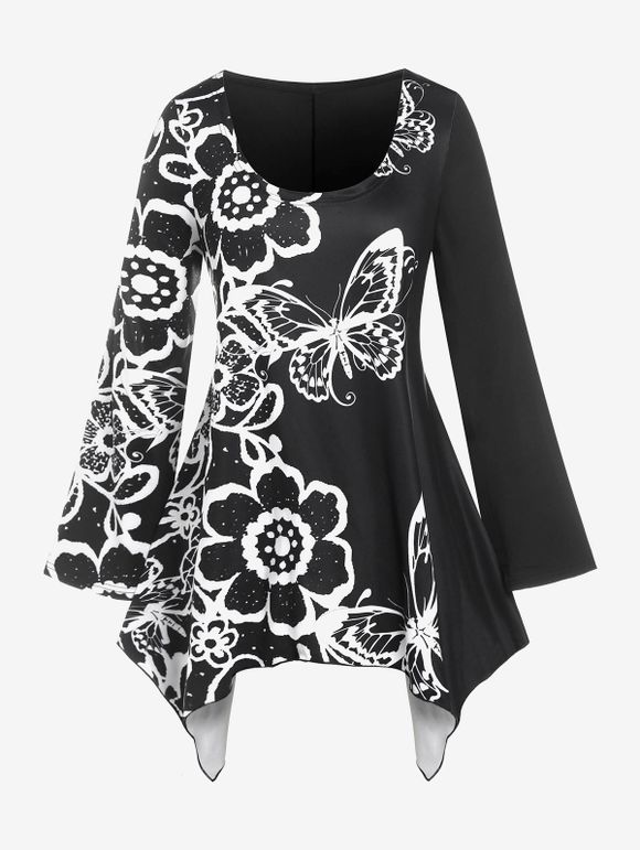 T-shirt Mouchoir à Imprimé Papillon et Fleur de Grande Taille - Noir L