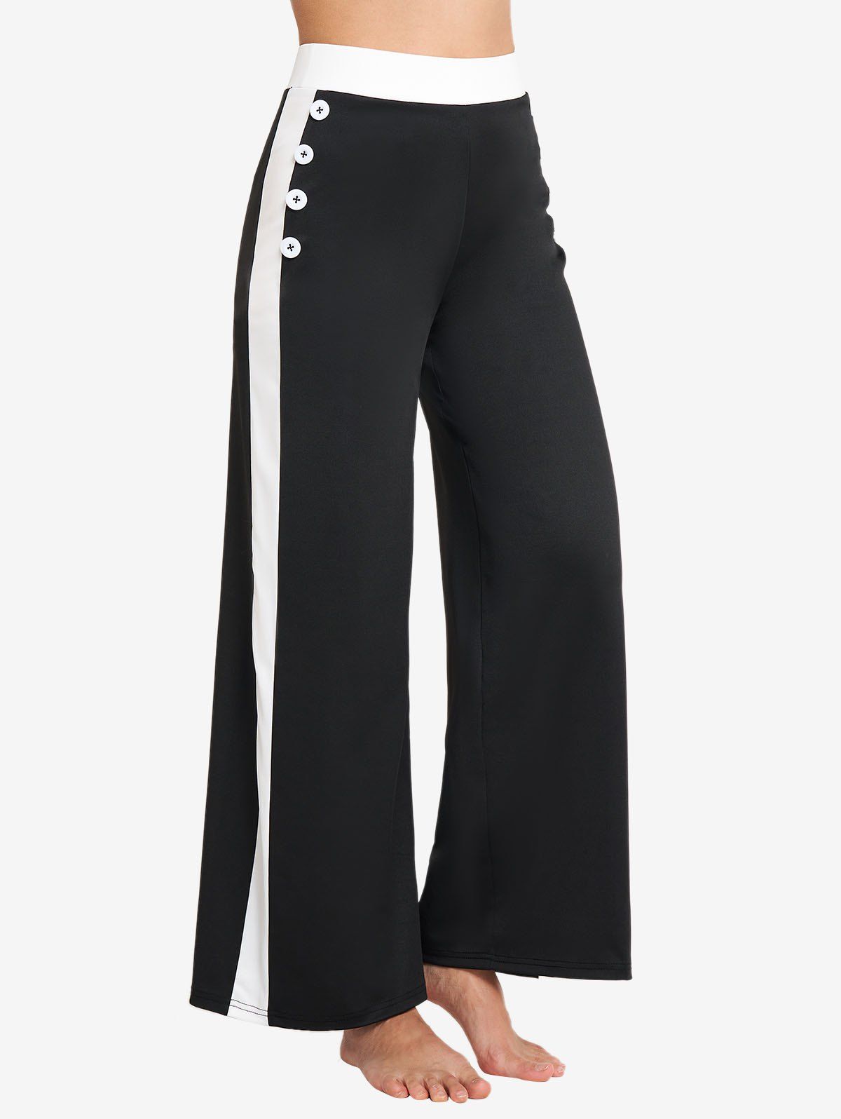 Pantalon Long Rayé Contrasté à Taille Haute avec Bouton - Noir L