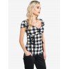 Corset Lace Up T Shirt Sweetheart Neck Plaid Checkerboard Tee - BLACK M