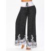Pantalon Lâche Applique Fleur Imprimée en Blocs de Couleurs à Jambe Large à Cordon - Gris Foncé XL