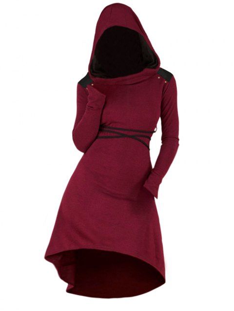Colorblock High Low Hooded Dress Belted Long Sleeve Midi Dress With Hood