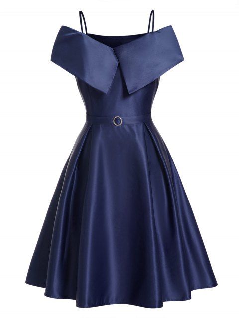 Cold Shoulder Party Dress Foldover Spaghetti Straps Rhinestone Ring Detail A Line Mini Dress