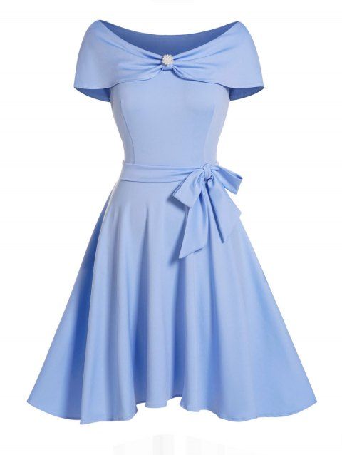Artificial Pearl Detail Belted Mini Dress Short Sleeve High Waist Party Dress