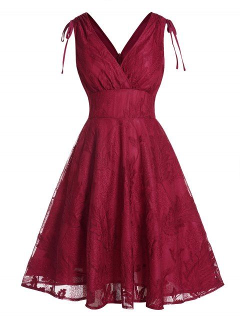 Jacquard Lace Overlap Party Dress Surplice Plunging Neck Cinched High Waist Midi Dress