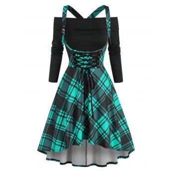 

Plaid Lace Up Corset Style High Low Dress and Off Shoulder Top Set, Deep green