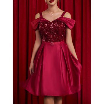 

Sequined Party Dress Cold Shoulder Dress Pleated Rhinestone O Ring High Waisted A Line Mini Swing Dress, Deep red