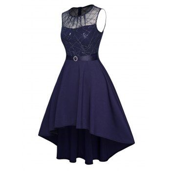 Vetement Femme Robe de Soirée Mi-Longue Haute Basse Anneau en O Panneau en Maille à Taille Haute avec Strass