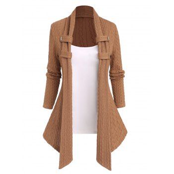 

Asymmetric Textured Knit Faux Twinset Top Mock Button Draped Long Sleeve Knitted 2 In 1 Top, Coffee