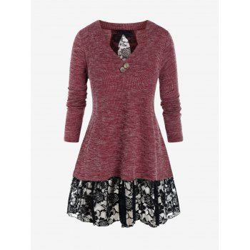 

Plus Size Bowknot Lace Panel Sheer Knit Sweater, Red wine
