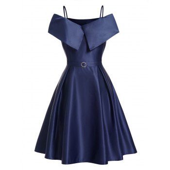 

Cold Shoulder Party Dress Foldover Spaghetti Straps Rhinestone Ring Detail A Line Mini Dress, Deep blue