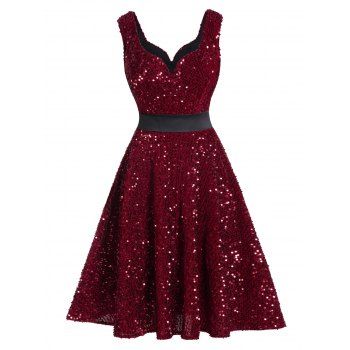 

Sparkly Sequins Party Dress Sleeveless High Waist Sweetheart Neck A Line Prom Dress, Deep red