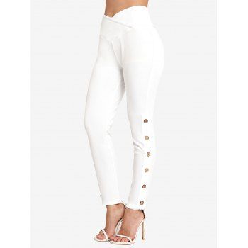 

Crossover Elastic Waist Leggings Mock Button Solid Color Leggings, White