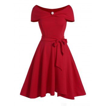 

Artificial Pearl Detail Belted Mini Dress Short Sleeve High Waist Party Dress, Deep red