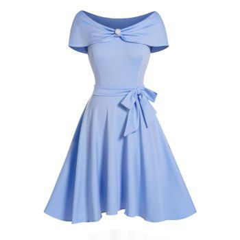 

Artificial Pearl Detail Belted Mini Dress Short Sleeve High Waist Party Dress, Light blue