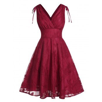 

Jacquard Lace Overlap Party Dress Surplice Plunging Neck Cinched High Waist Midi Dress, Deep red