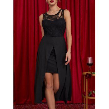 

Sheer Flower Lace Panel Asymmetric Dress Sleeveless Slit High Waist Midi Party Dress, Black