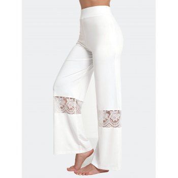 

Sheer Flower Lace Panel Wide Leg Pants Elastic Waist Long Loose Pants, White