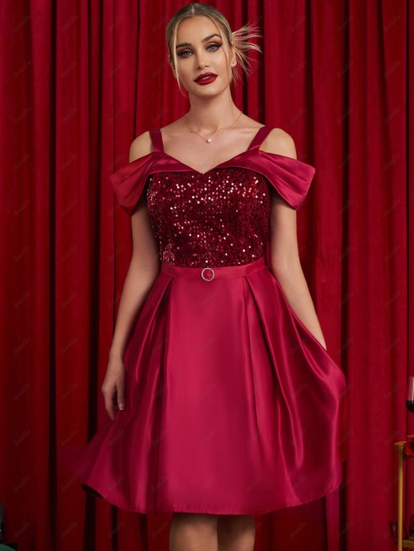 Mini Robe de Soirée Ligne A Plissée Anneau en O à Epaule Dénudée à Paillettes avec Strass - Rouge foncé XL